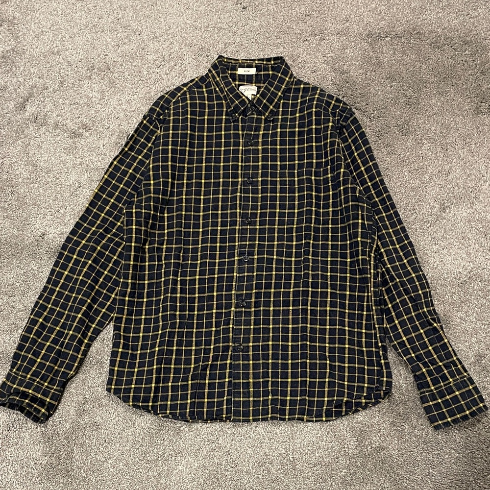 J.Crew Men's Lightweight Dark Blue  and Yellow Plaid Flannel Shirt